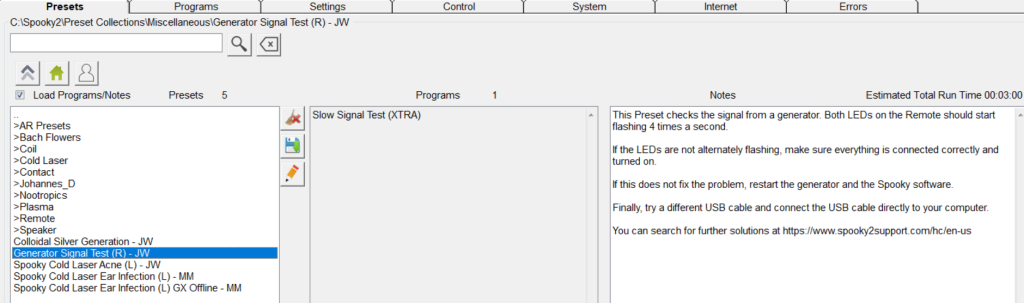 Generator Signal Test preset in de Spooky2-software